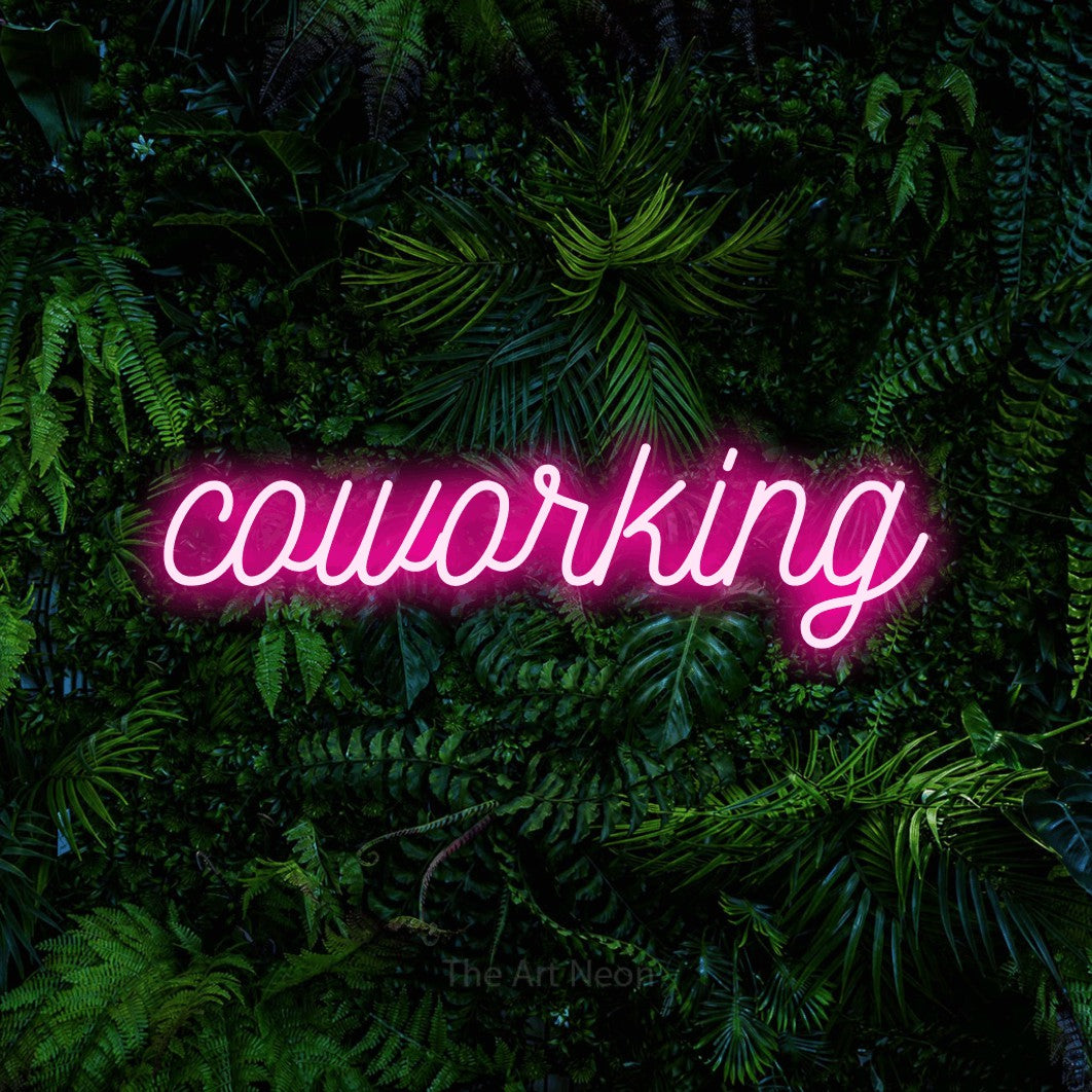 LED neon sign reading “coworking”, arranged in a single line.