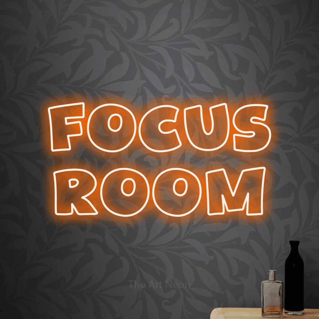 LED neon sign reading “Focus Room”, arranged in 2 lines.