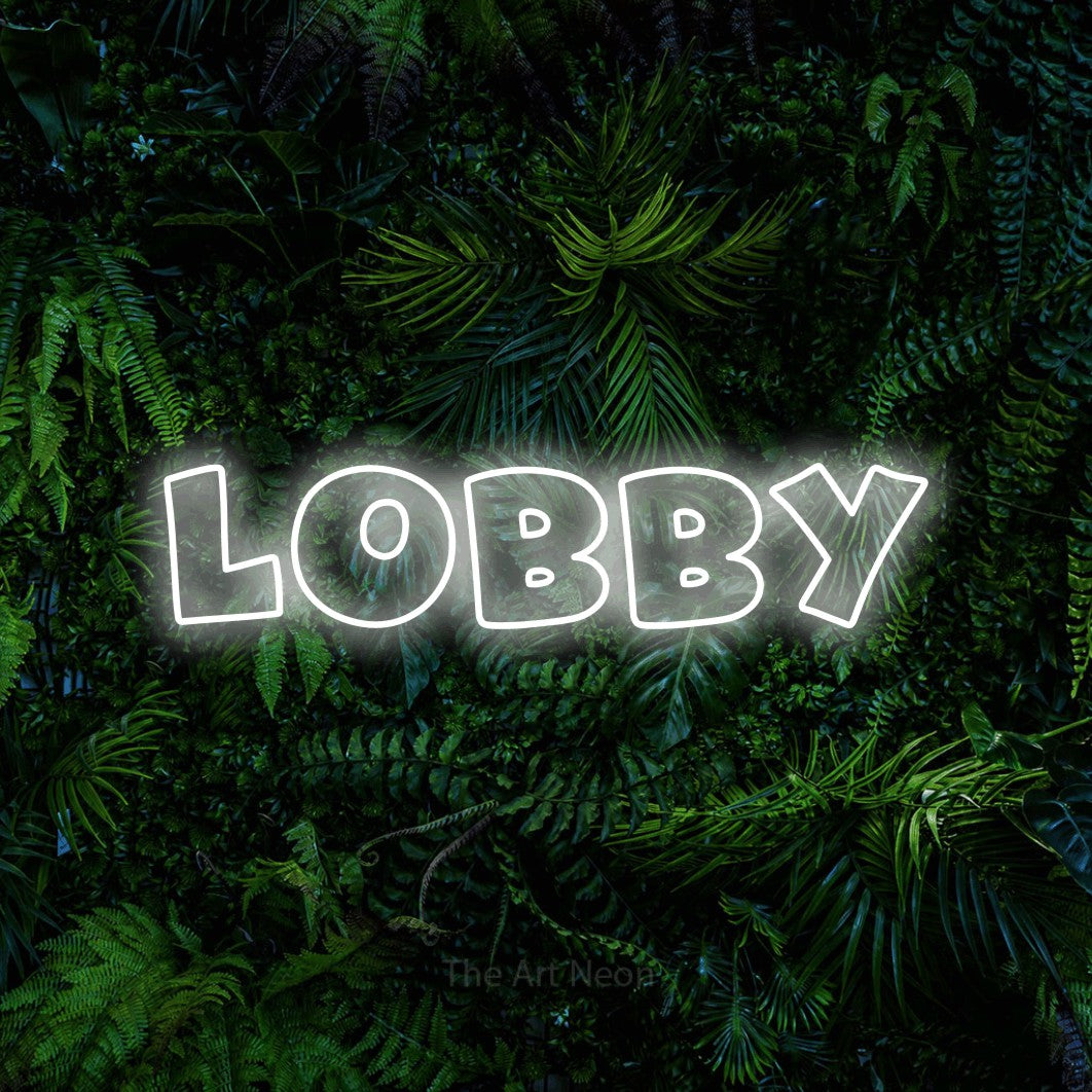 LED neon sign reading “lobby”, arranged in a single line.