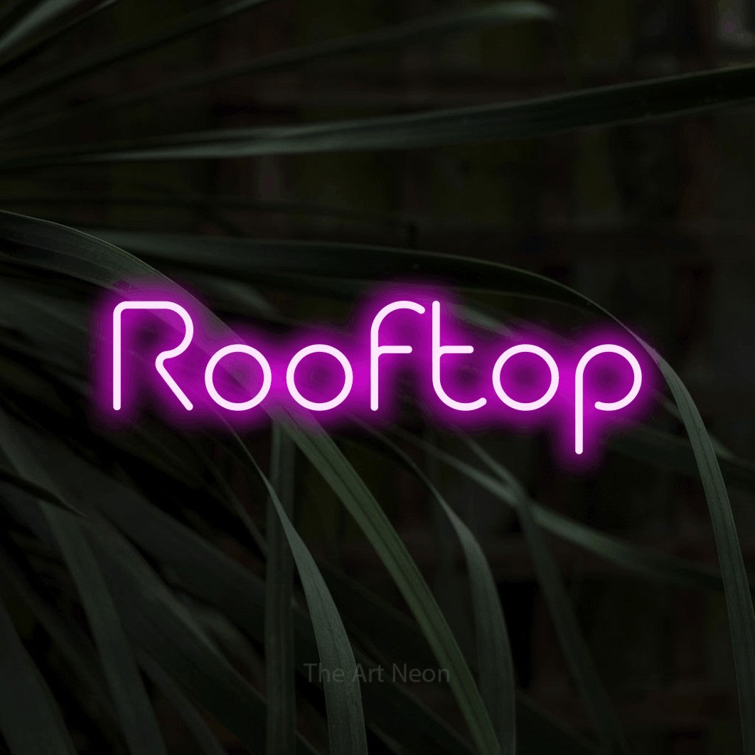LED neon sign reading “Rooftop”, arranged in a single line.