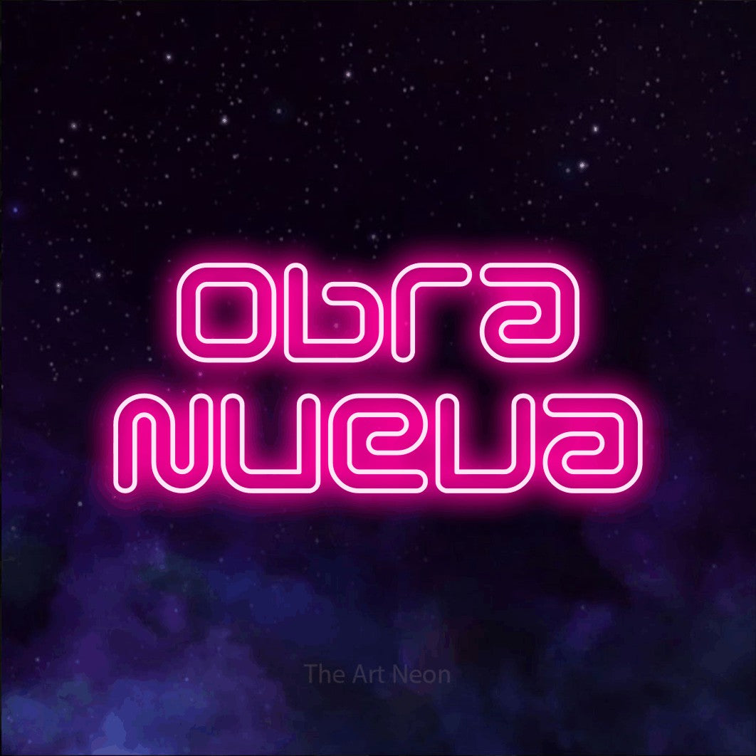 LED neon sign reading “Obra Nueva”, arranged in 2 lines.