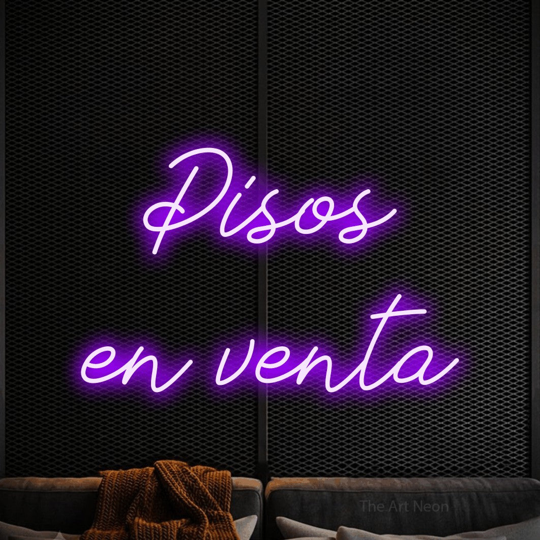 LED neon sign reading “Pisos en venta”, arranged in 2 lines.