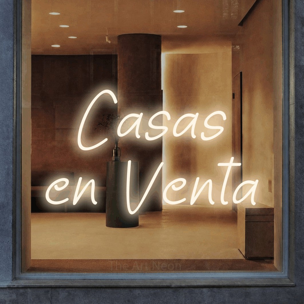 LED neon sign reading “Casas en Venta”, arranged in 2 lines.