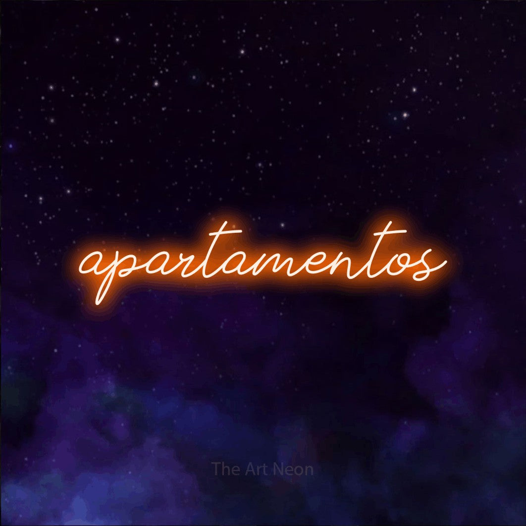 LED neon sign reading “apartamentos”, arranged in a single line.