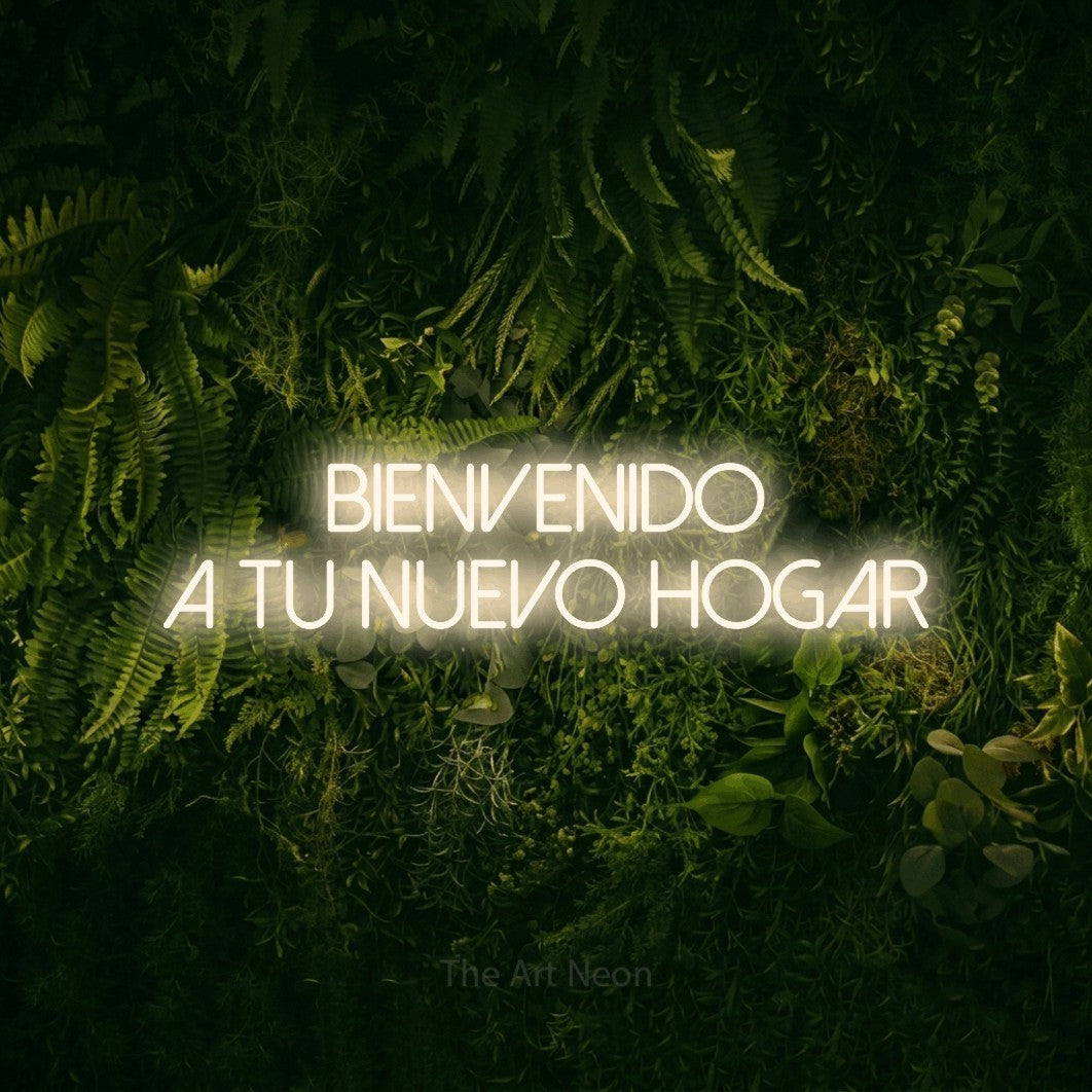 LED neon sign reading “Bienvenido a Tu Nuevo Hogar”, arranged in 2 lines.