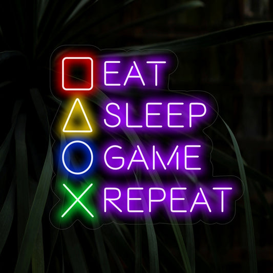 "Eat Sleep Game Repeat Neon Sign" lights up with a playful glow, perfect for gaming rooms and spaces dedicated to the gaming lifestyle, capturing the fun and enthusiasm of gamers.