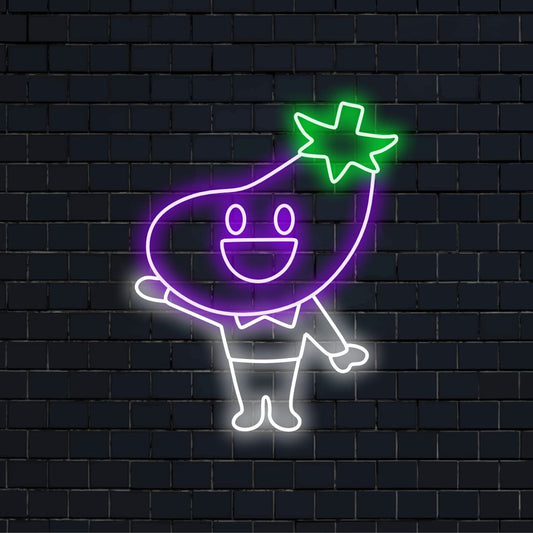 „Eggplant Head Neon Sign” se luminează cu fantezie, perfect pentru spațiile ciudate și restaurantele vegane, adăugând o notă jucăușă cu designul creativ al capului de vinete.