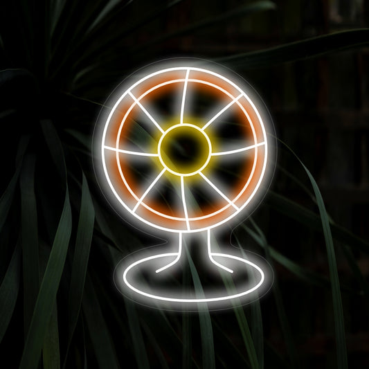 "Electric Fan Neon Sign" lights up with a cool, retro glow, perfect for vintage shops and appliance stores, showcasing the classic charm of electric fans.