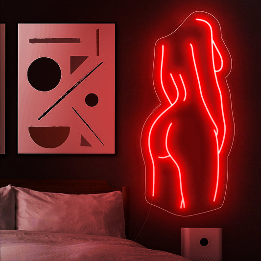 "Elegant Nude Body Neon Sign" serves as an aesthetic expression, highlighting the beauty and grace of the human form from an artistic perspective.