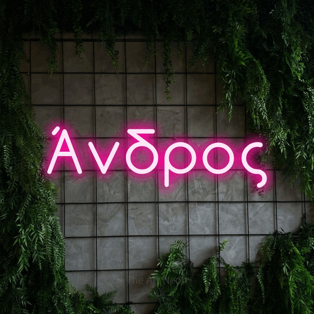 LED neon sign reading “Άνδρος”, arranged in a single line.