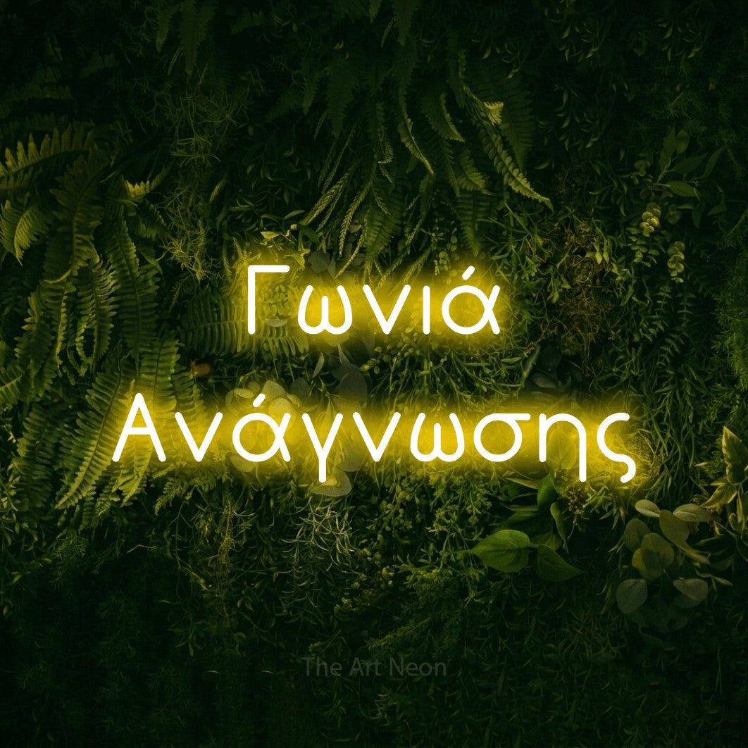 LED neon sign reading “Γωνιά Ανάγνωσης”, arranged in two lines.