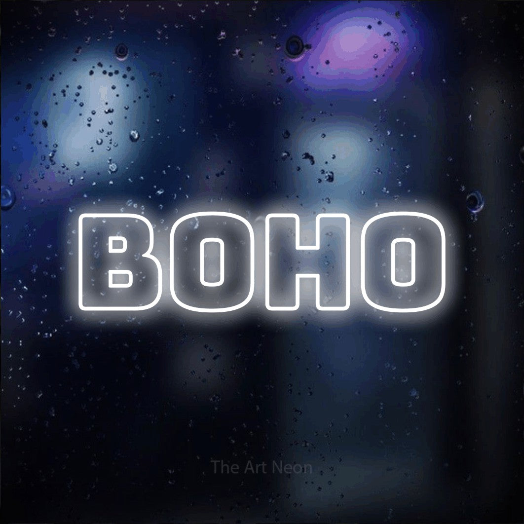 LED neon sign reading “BOHO”, arranged in a single line.