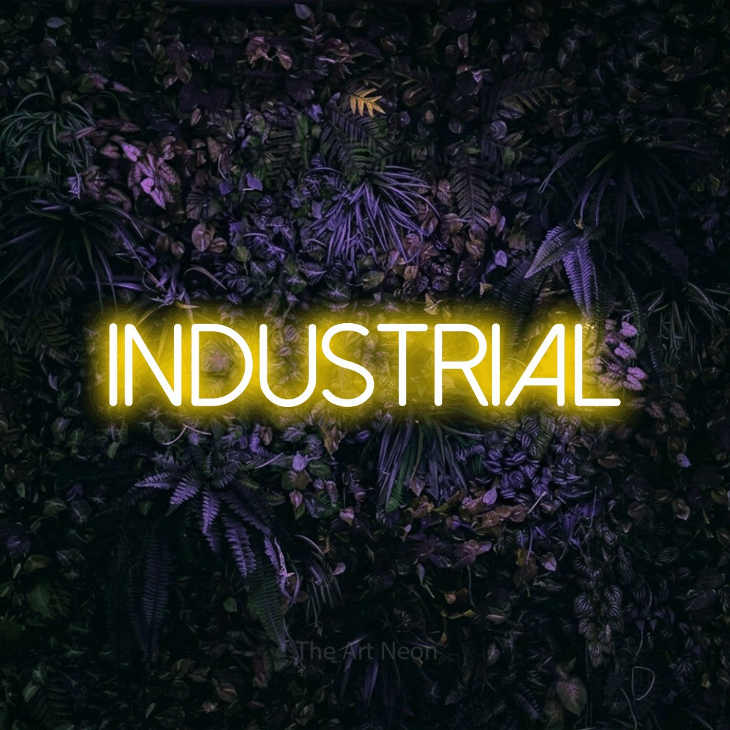 LED neon sign reading “Industrial”, arranged in a single line.