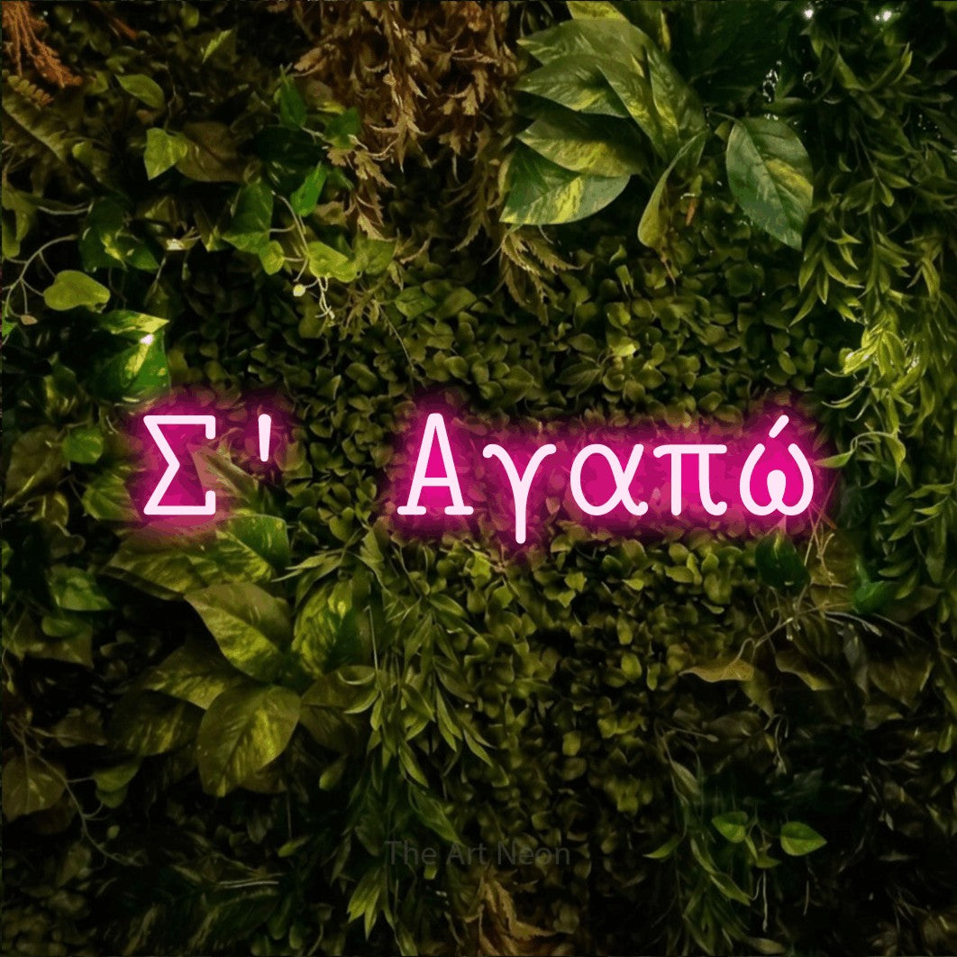 LED neon sign reading “Σ' Αγαπώ”, arranged in a single line.