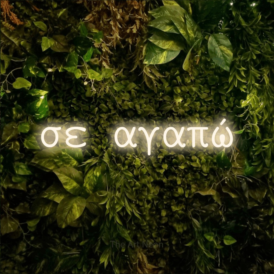 LED neon sign reading “σε αγαπώ”, arranged in a single line.