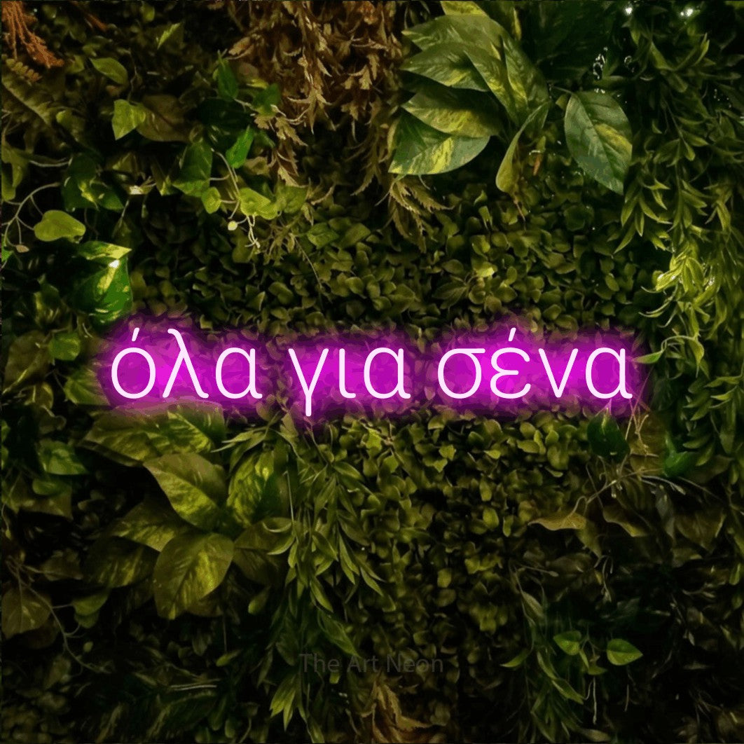 LED neon sign reading “όλα για σένα”, arranged in a single line.