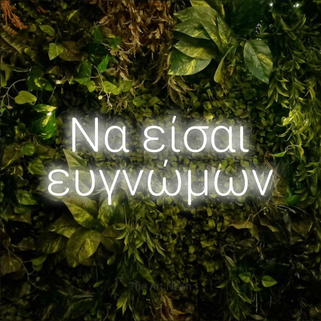 LED neon sign reading “Να είσαι ευγνώμων”, arranged in two lines.