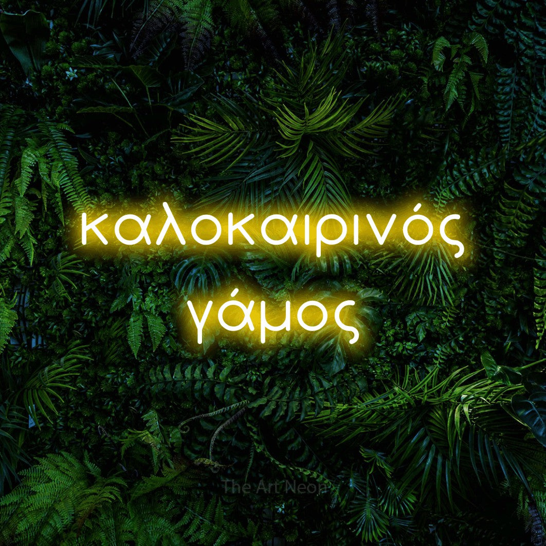 LED neon sign reading “καλοκαιρινός γάμος”, arranged in two lines.