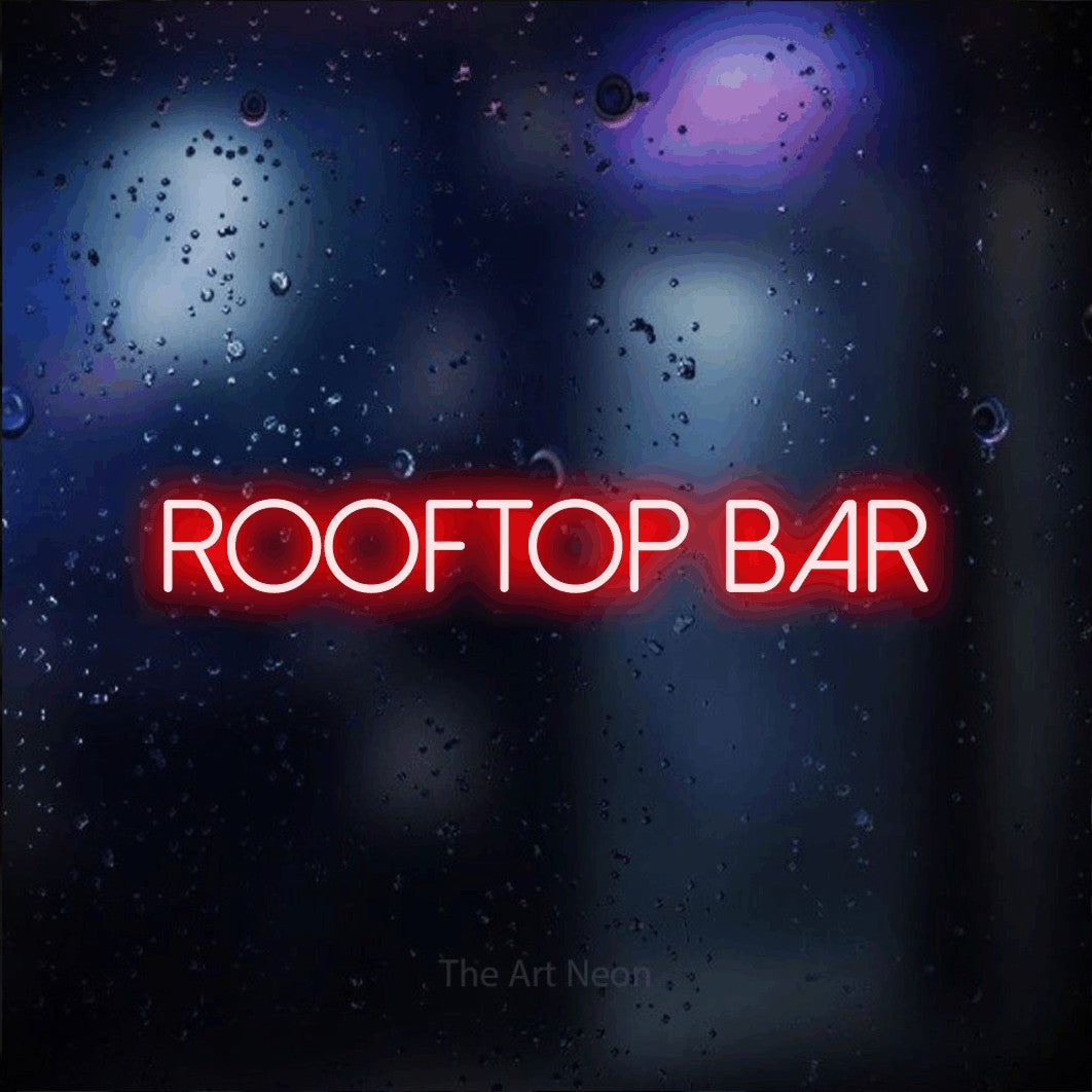 LED neon sign reading “Rooftop Bar”, arranged in a single line.