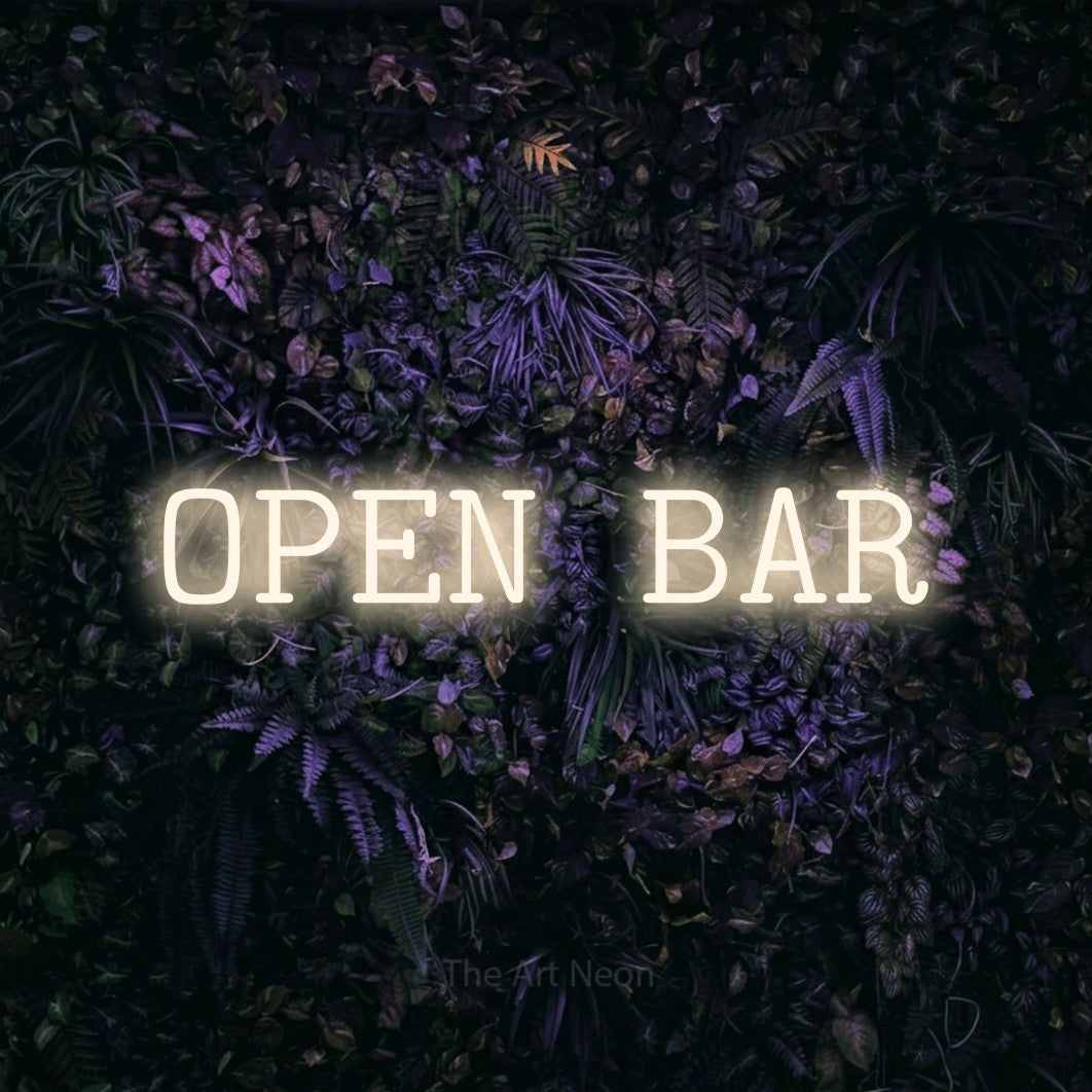 LED neon sign reading “OPEN BAR”, arranged in a single line.