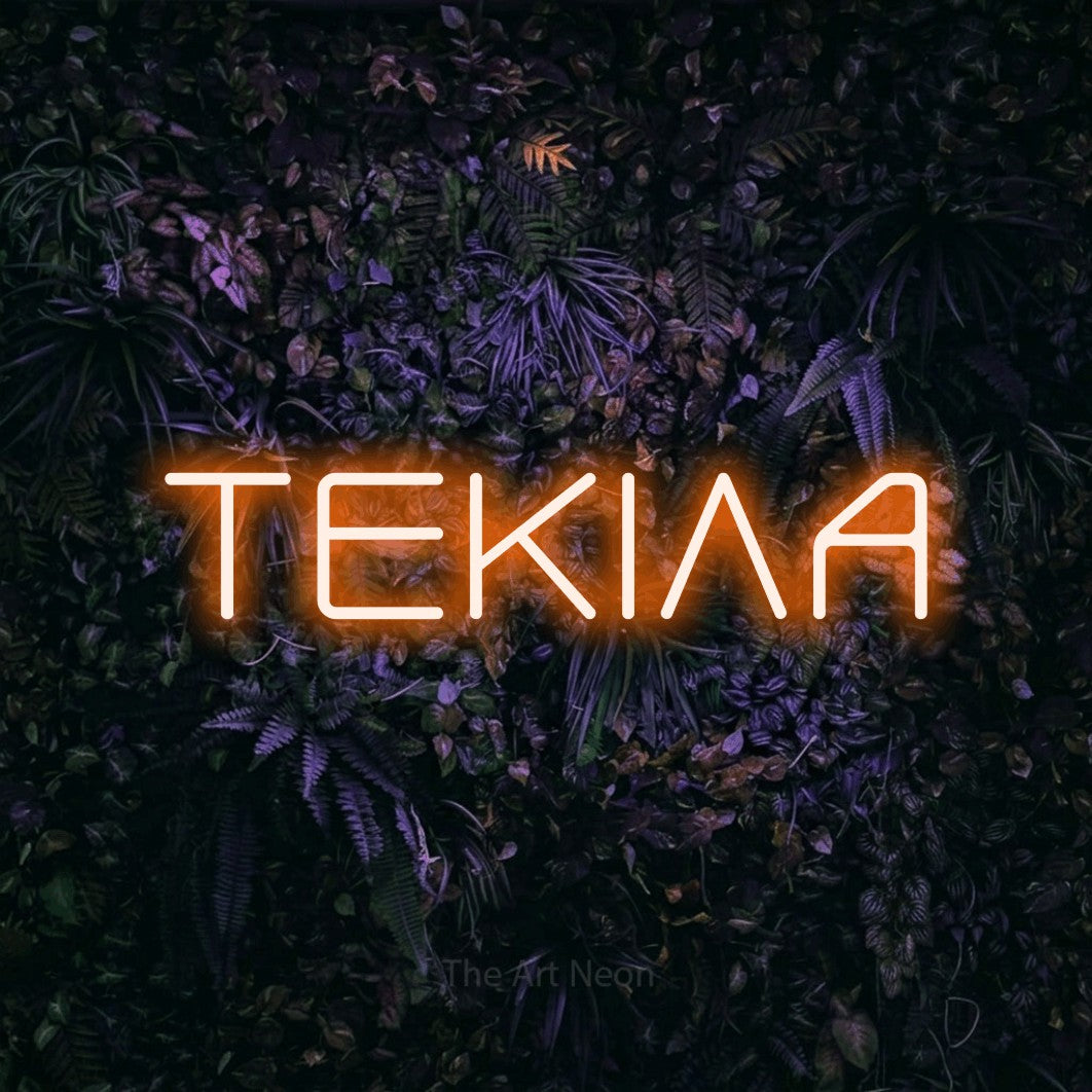 LED neon sign reading “ΤΕΚΙΛΑ”, arranged in a single line.