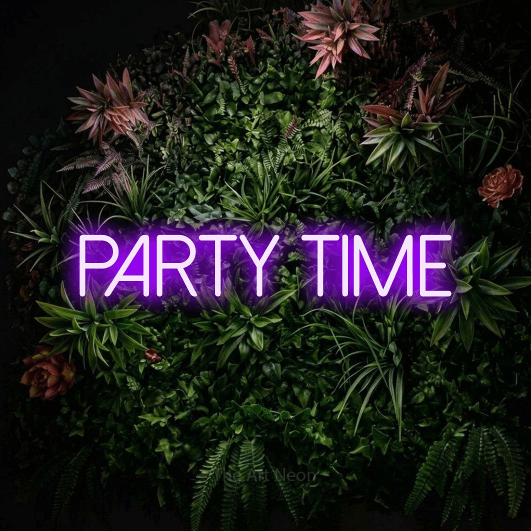 LED neon sign reading “party time”, arranged in a single line.