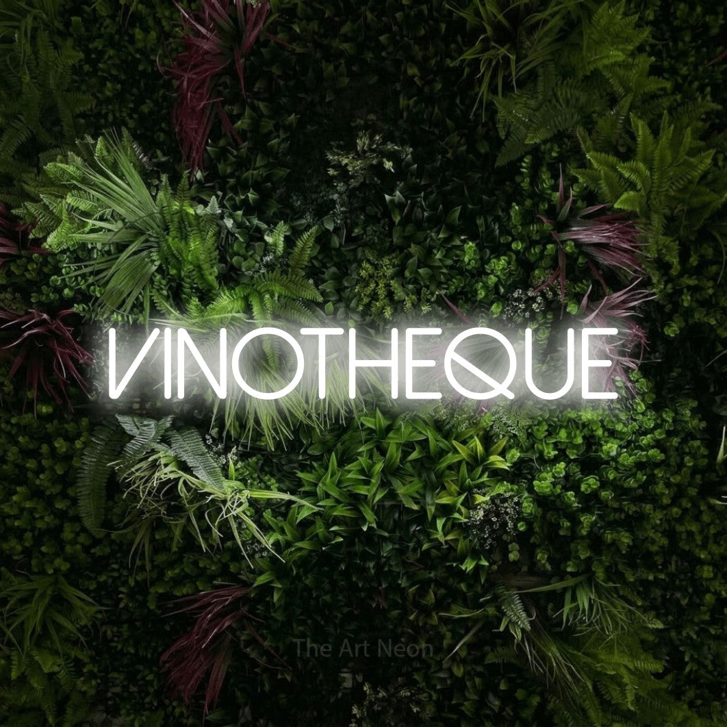 LED neon sign reading “Vinotheque”, arranged in a single line.
