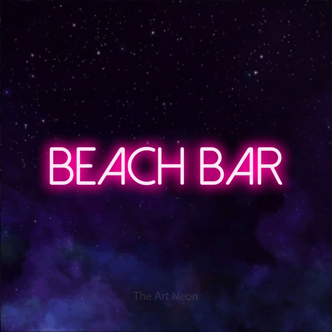 LED neon sign reading “Beach Bar”, arranged in a single line.