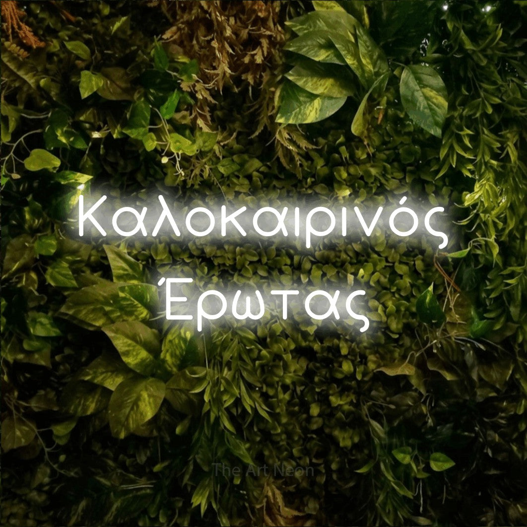LED neon sign reading “Καλοκαιρινός Έρωτας”, arranged in two lines.