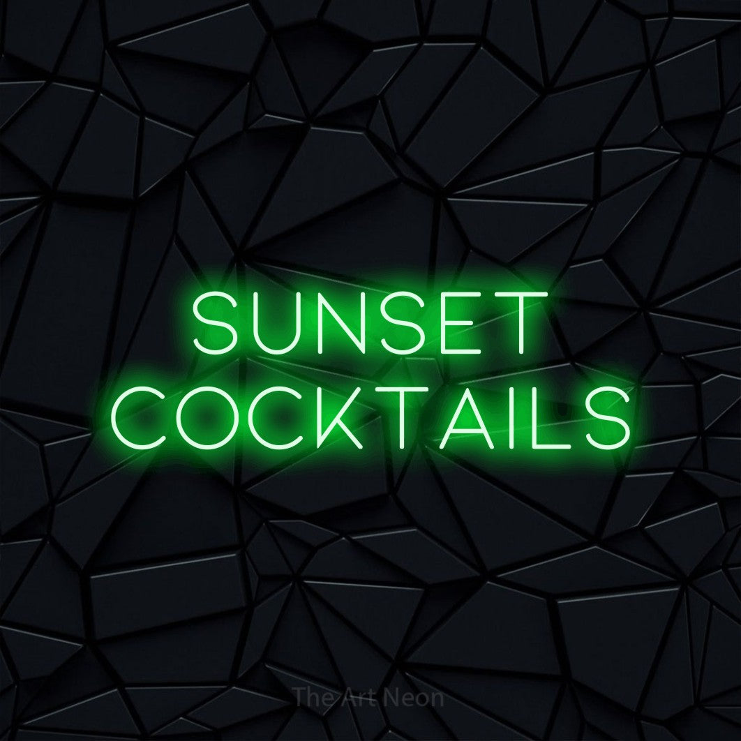 LED neon sign reading “Sunset cocktails”, arranged in two lines.