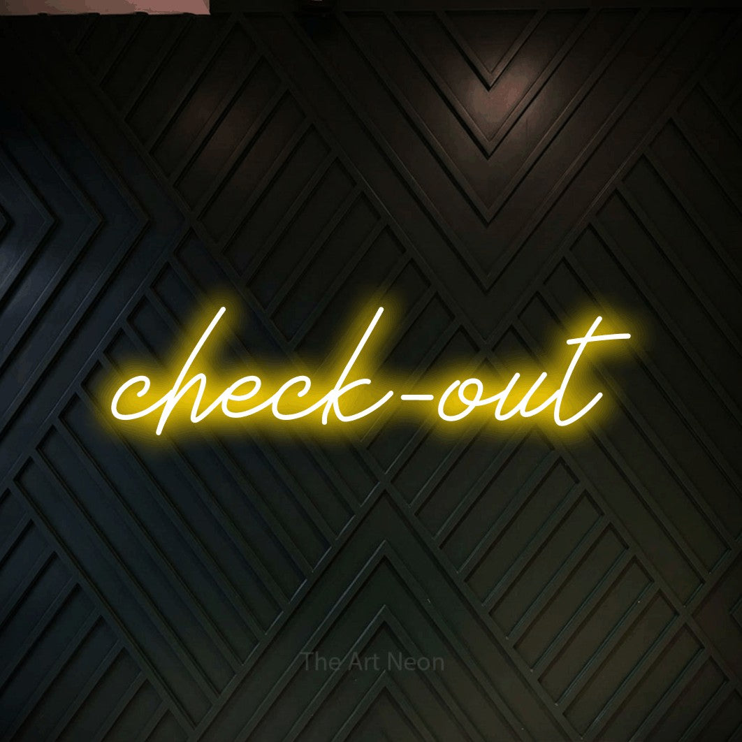 LED neon sign reading “check-out”, arranged in a single line.