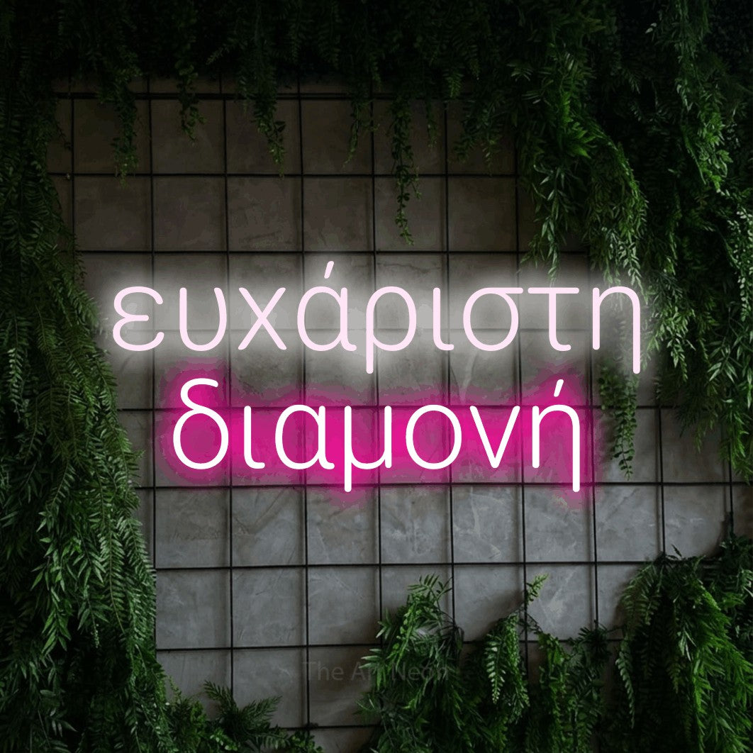 LED neon sign reading “ευχάριστη διαμονή”, arranged in two lines.