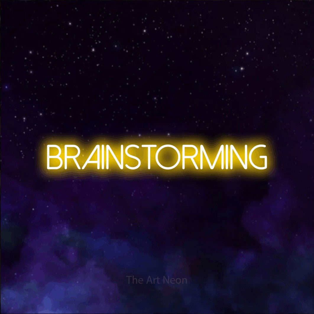 LED neon sign reading “brainstorming”, arranged in a single line.