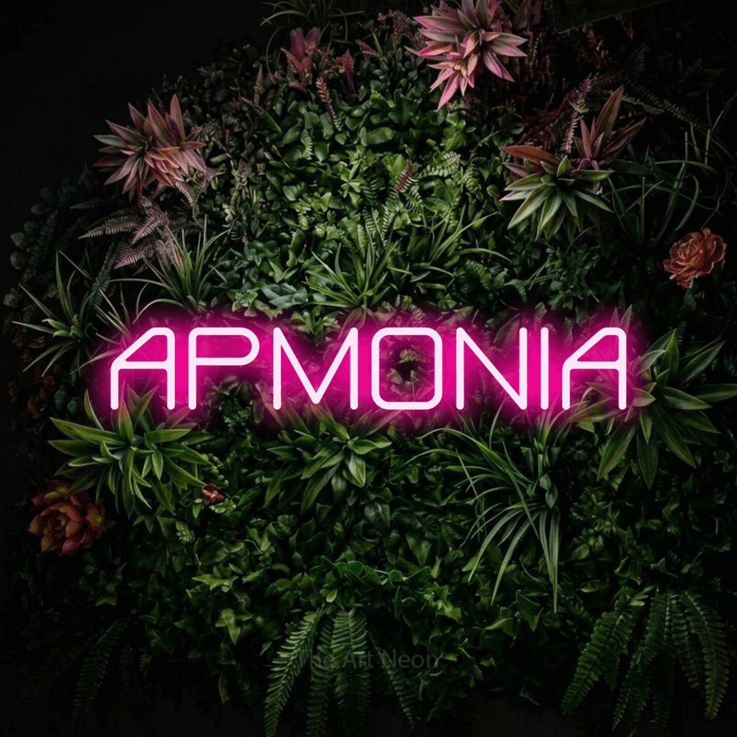 LED neon sign reading “ΑΡΜΟΝΙΑ”, arranged in a single line.