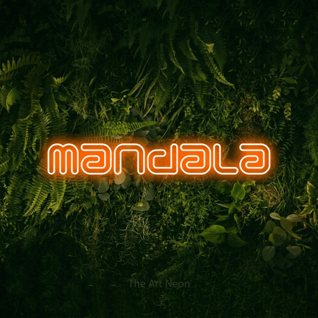 LED neon sign reading “mandala”, arranged in a single line.