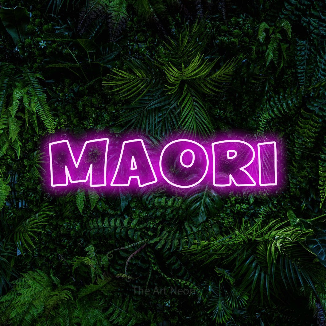 LED neon sign reading “Maori”, arranged in a single line.