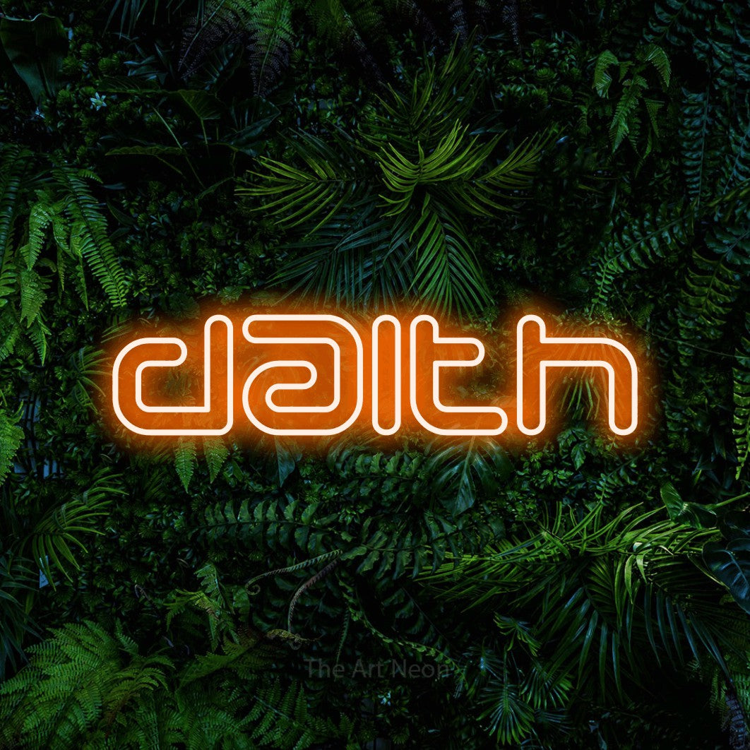 LED neon sign reading “daith”, arranged in a single line.