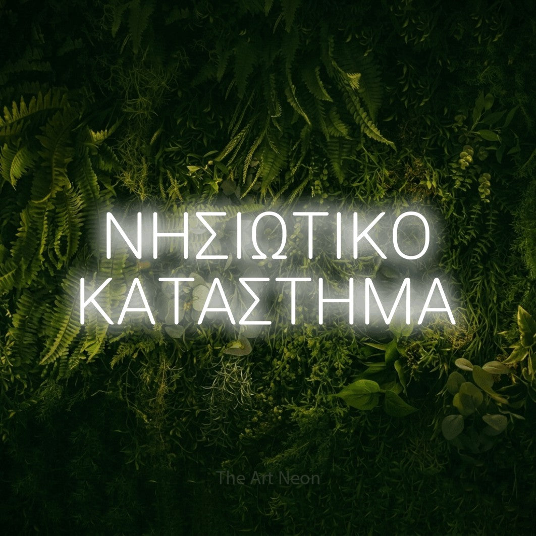 LED neon sign reading “ΝΗΣΙΩΤΙΚΟ ΚΑΤΑΣΤΗΜΑ”, arranged in two lines.