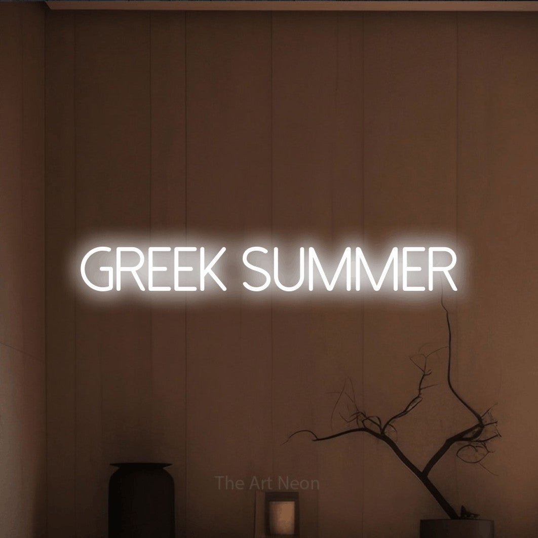 LED neon sign reading “Greek Summer”, arranged in a single line.
