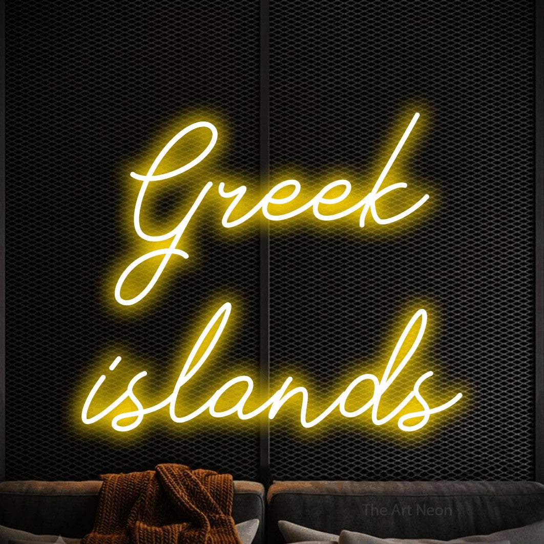 LED neon sign reading “Greek islands”, arranged in two lines.