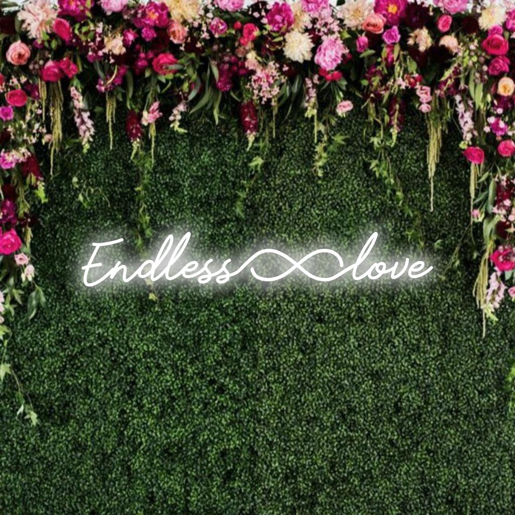 LED-neoonmärk, millel on lõpmatuse sümbol ja lõputu armastuse tekst, mis sobib ideaalselt kohandatud neoonseinakunsti ja -kaunistusega.