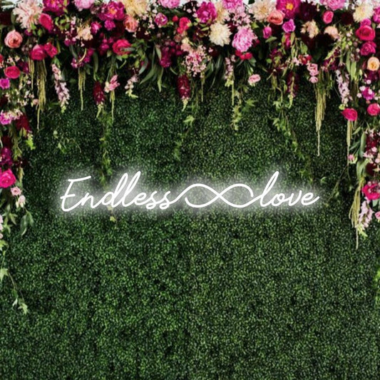 LED-neoonmärk, millel on lõpmatuse sümbol ja lõputu armastuse tekst, mis sobib ideaalselt kohandatud neoonseinakunsti ja -kaunistusega.