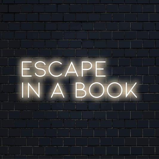 Zaprojektowany na zamówienie neon LED z napisem „Escape In A Book”, idealny do wystroju wnętrz dla miłośników książek. Idealny do przytulnych zakątków i bibliotek.