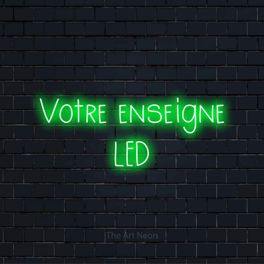 Enseigne néon personnalisée « Votre enseigne LED » sur un mur en briques noires