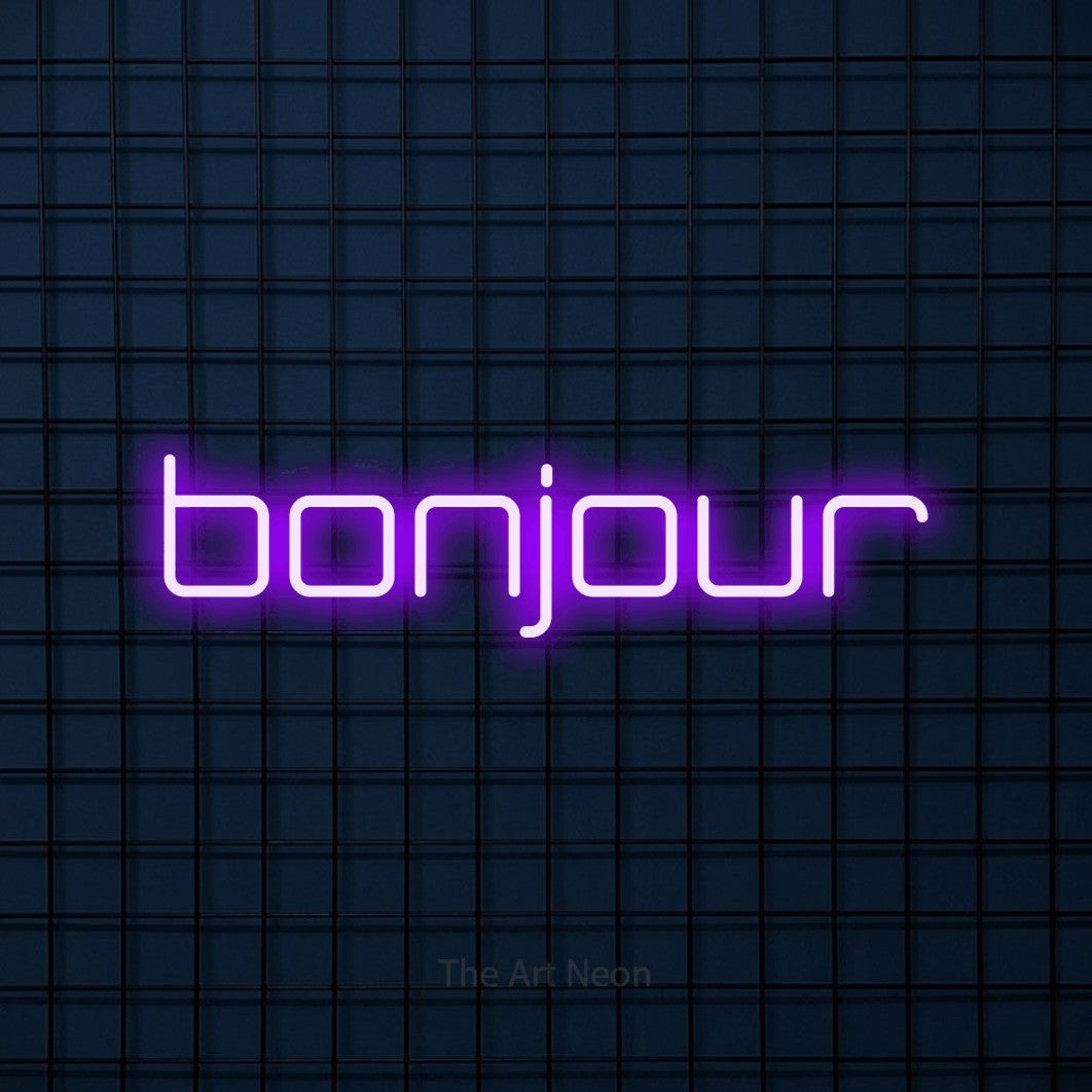 LED neon sign reading “bonjour”, arranged in a single line.