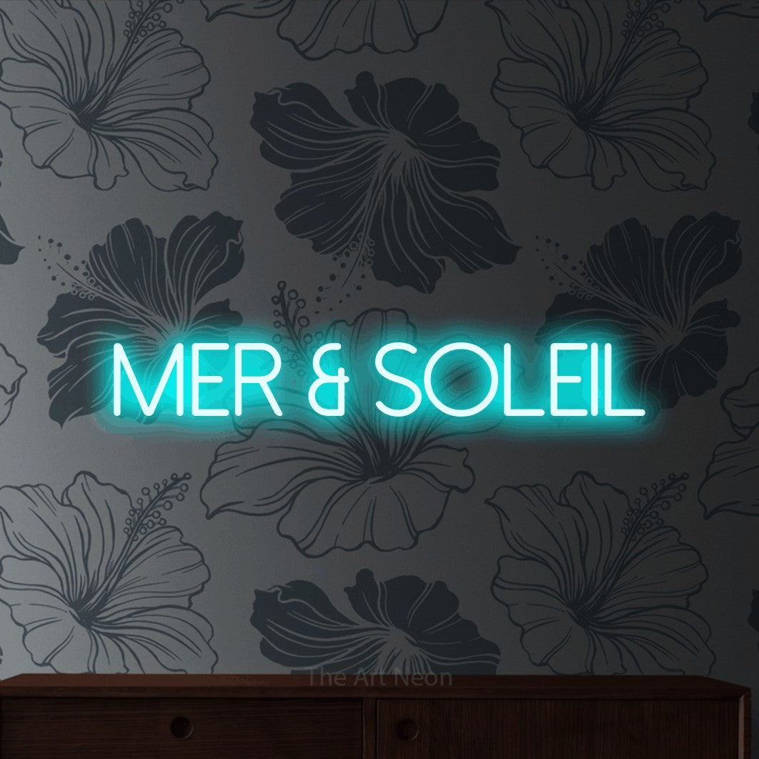 LED neon sign reading “MER & SOLEIL”, arranged in a single line.