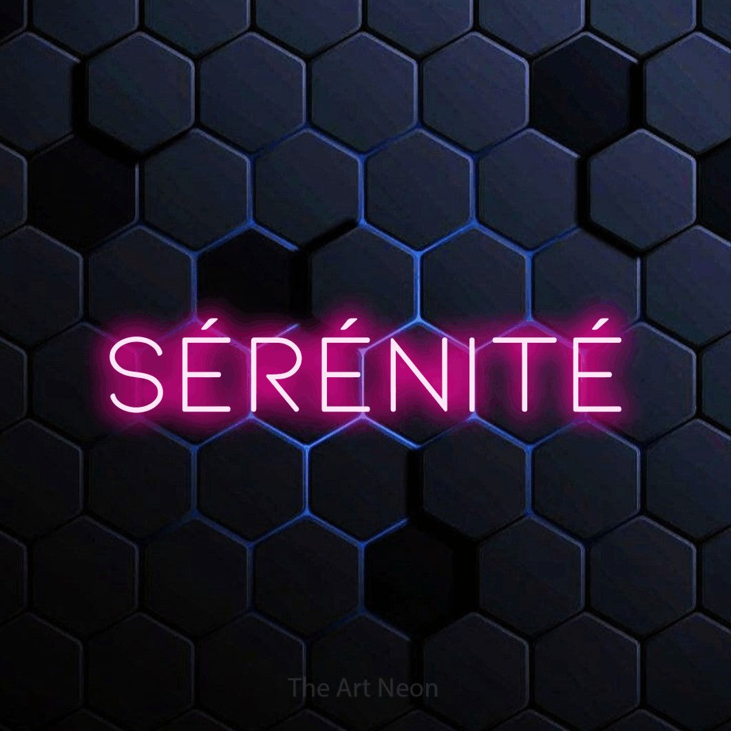 LED neon sign reading “Sérénité”, arranged in a single line.