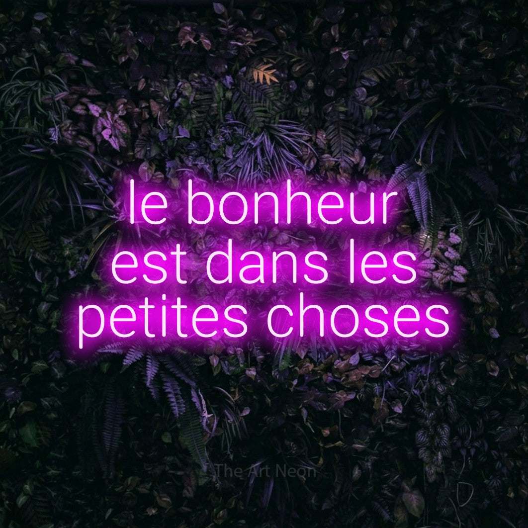 LED neon sign reading “le bonheur est dans les petites choses”, arranged in 3 lines.