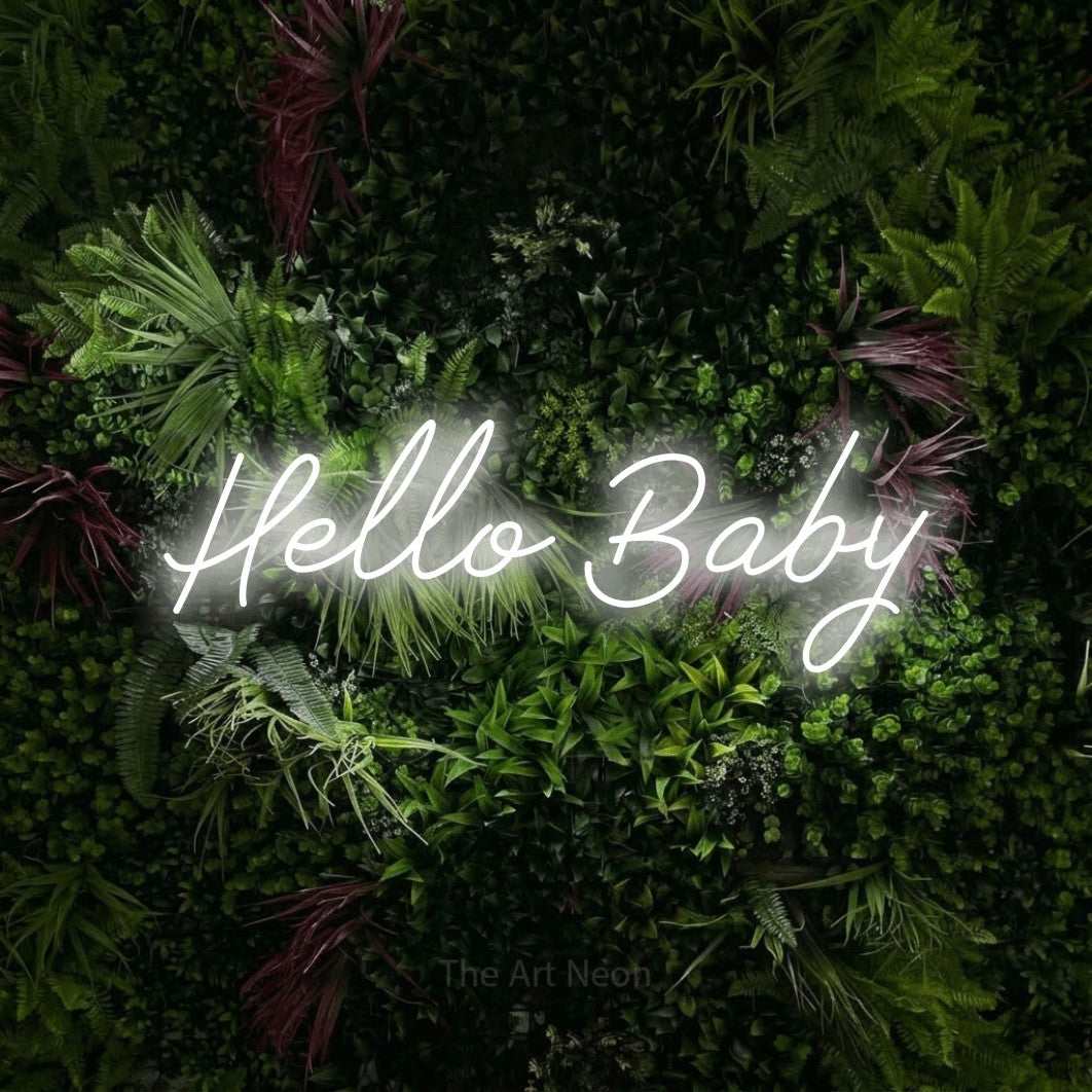 LED neon sign reading “Hello Baby”, arranged in a single line.