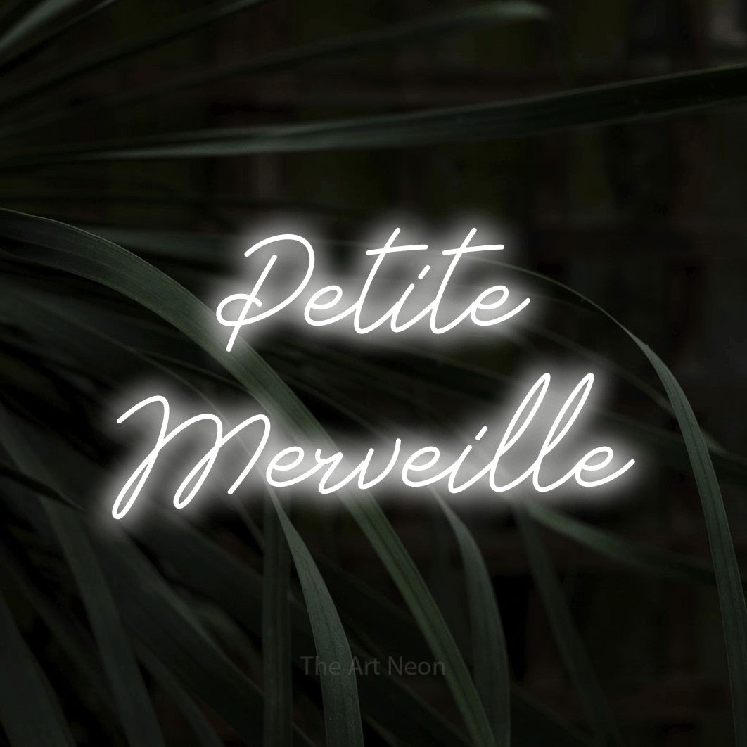 LED neon sign reading “Petite Merveille”, arranged in 2 lines.